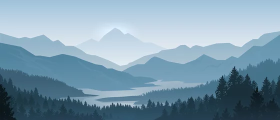 Fototapeten Realistische Berglandschaft. Morgenholzpanorama, Kiefern und Bergsilhouetten. Vektorwaldwanderhintergrund © SpicyTruffel
