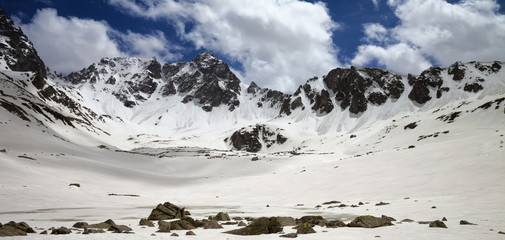 Panoramic view on plateau in mountains with frozen lake covered snow
