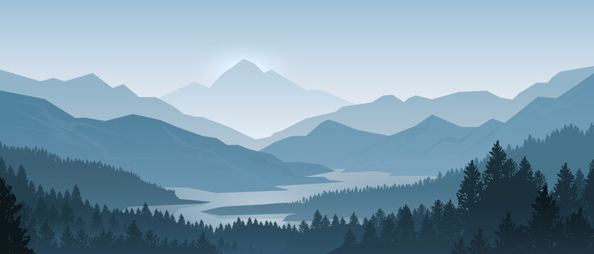 Realistic mountains landscape. Morning wood panorama, pine trees and mountains silhouettes. Vector forest hiking background © SpicyTruffel