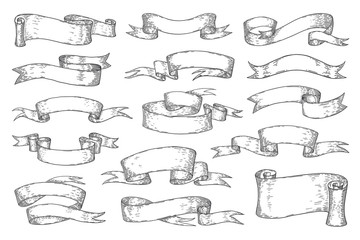 Hand drawn ribbons. Vintage sketch elements for posters logos invitation cards, retro heraldic ribbons. Vector doodle swirl scrolls for old banner drawn