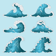 Hand drawn sea wave. Sketch ocean storm waves, marine water splash isolated design elements. Vector cartoon engraved wave set