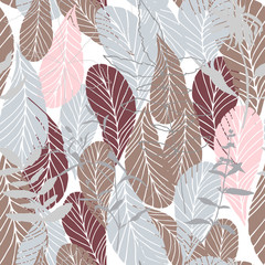 Fototapeta na wymiar Leaves and flowers background. Vector seamless pattern with hand drawn realistic wild flowers, plants and leaves in light pastel colors