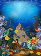 Fototapeta na wymiar Underwater wallpaper with tropical fish and sand castle, vector illustration