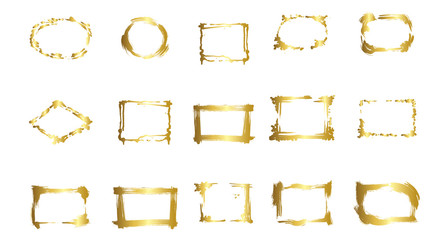 Set of dry brush frames. Hand drawn artistic frames. Golden engraved ink art. Isolated frame illustration element.