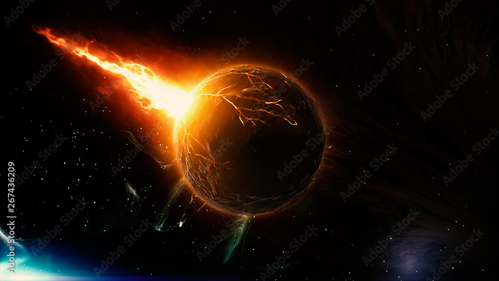 Poster 3d rendered realistic burning planet set on fire . end of the world graphic presentation in space