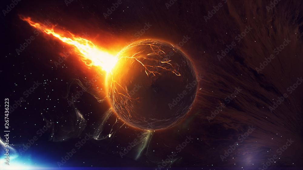 Poster 3d rendered realistic burning planet set on fire . end of the world graphic presentation in space