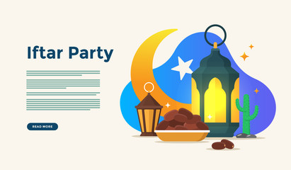 Eating together after fasting feast iftar party. Moslem family dinner on Ramadan Kareem or eid celebrating with people character concept for web landing page, banner, social, poster, book print media