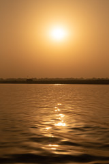 Sunrise at Ganga River with people ride a boats, Varanasi, India