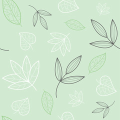 Green, white, grey leaves texture vector seamless pattern. Great for spring and summer backgrounds, wallpaper, invitations, packaging design project. Surface pattern design. Vector.