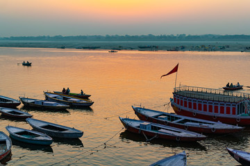 Sunrise at Ganga River with people ride a boats, Varanasi, India