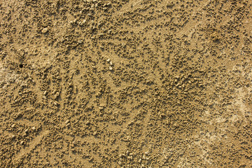 small round sand balls with shadows near a hole of crabs in the sand top view. natural surface texture