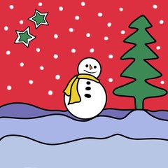 Raster snowman smiling standing in snow near spruce tree. Cute new year, christmas holiday character smiling. Winter greeting card design