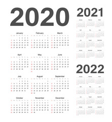 Simple european 2020, 2021, 2022 year vector calendars.
