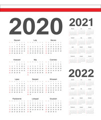 Set of Polish 2020, 2021, 2022 year vector calendars.