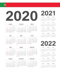 Set of Portuguese 2020, 2021, 2022 year vector calendars.