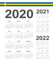Set of Swedish 2020, 2021, 2022 year vector calendars.
