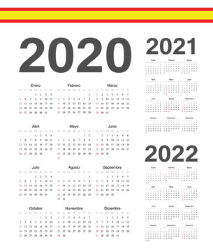 Set of Spanish 2020, 2021, 2022 year vector calendars.