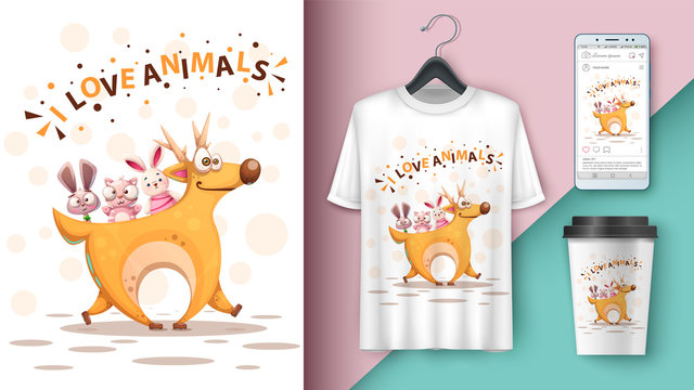 Cartoon Deer, Rabbit, Cat - Mockup For Your Idea