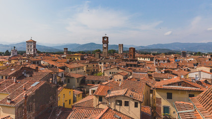 Fototapeta premium Towers over houses of historic centre of Lucca, Italy