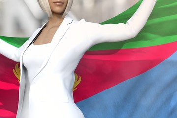 young business woman holds Eritrea flag in hands behind her back on the office building background - flag concept 3d illustration