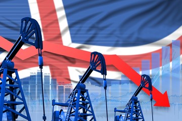 lowering, falling graph on Iceland flag background - industrial illustration of Iceland oil industry or market concept. 3D Illustration