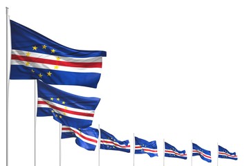 pretty many Cabo Verde flags placed diagonal isolated on white with space for your content - any holiday flag 3d illustration..