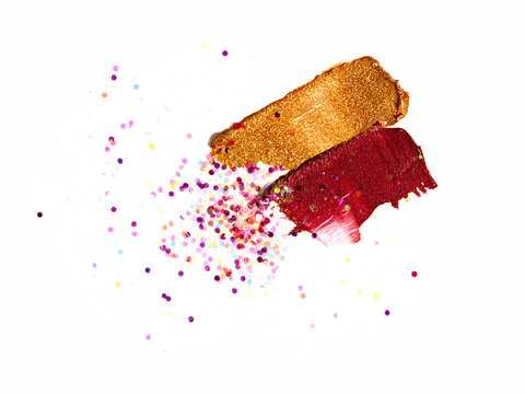 Red Wine And Gold Lipstick Brushstrokes With Sequins.