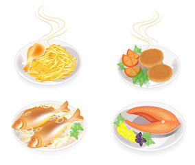 On a plate cutlets, a shin of chicken meat, a fish. Garnish fried potatoes, onions, tomato, greens dill, basil and parsley. Tasty and nutritious food. Vector illustration