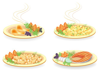 Collection. On a plate, a shin of chicken meat, a steak of salmon. Garnish fried potatoes, mushrooms, onions, lemon, tomato, greens dill, basil and parsley. Tasty food. Vector illustration set.
