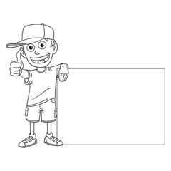 Vector comic drawing of a boy with a cap, leaning against a large map and holding his thumb up. school, isolated, black white, blackboard.