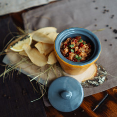 Chicken stew in a clay bowl