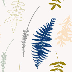 Botanical floral vector seamless pattern with hand drawn herbs, plants, flowers and leaves.