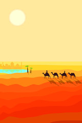Obraz na płótnie Canvas Desert Landscape with Sand Dunes. Caravan of Camels Goes to the Arabic Oasis. Silhouette Design in a Flat Style.