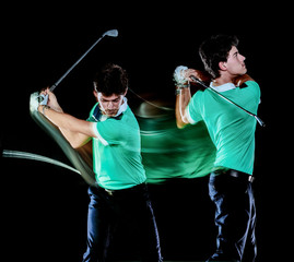 one caucasian young golfer man golfing golf swing isolated on black background with multiple...