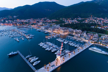 Aerial view of Porto Montenegro at dusk. Tivat