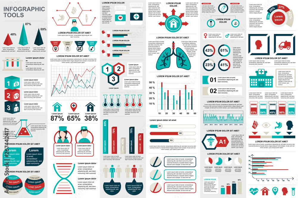 Poster Medical infographic elements data visualization vector design template. Can be used for steps, options, workflow, diagram, flowchart concept, timeline, healthcare icons, research, info graphics.