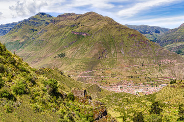 Fototapeta na wymiar Aerial view at town of Pisaq in Peru.
