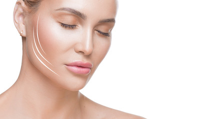Close up photo of woman with closed eyes and lines on face. Face lifting concept. Cosmetics...