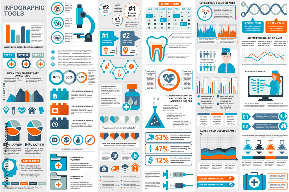 Poster Medical infographic elements data visualization vector design template. Can be used for steps, options, workflow, diagram, flowchart concept, timeline, healthcare icons, research, info graphics.