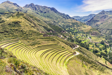 Fototapeta na wymiar Inca plants farming terraces in Pisaq near Cusco in Peru.