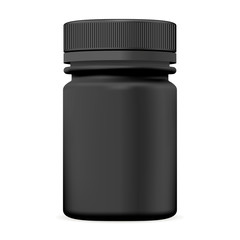 Realistic plastic bottle. Black 3d Vector illustration. Mock Up Template set of medicine package for pill, capsule, drug.