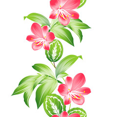 Abstract seamless spring floral pattern  with green leaves  and clivia flower.