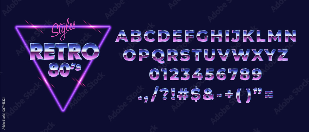 Fototapete 80s retro alphabet font. metallic gradient effect. set of type letters and numbers. vector typeface 