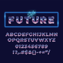 80s retro alphabet font. Metallic gradient effect. Set of type letters and numbers. Vector typeface forprint, poster, t-shirt etc.