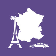 Map of France, tower, car.