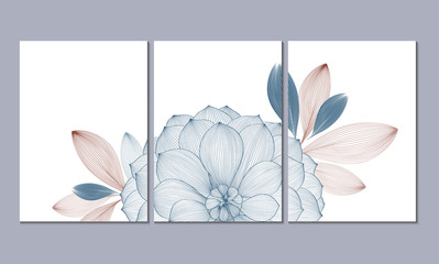 A set of three wall paintings, canvas for the living room. Poster element for interior design of a dining room, bedroom, office. Abstract floral background with dahlia flowers.Home decor of the walls