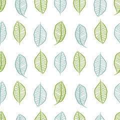 Obraz premium Seamless hand drawn leaves in rows pattern vector.