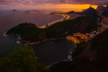 Night view of Copacabana beach, Urca and Botafogo from Sugar Loaf in Rio de Janeiro