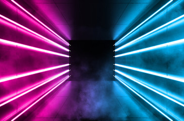 Empty background scene. Dark room, neon blue and pink figures in the dark, smoke. Abstract dark background.