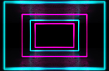 Empty background scene. Dark room, neon blue and pink figures in the dark, smoke. Abstract dark background.
